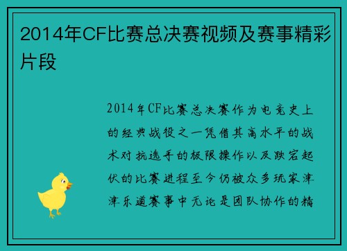 2014年CF比赛总决赛视频及赛事精彩片段